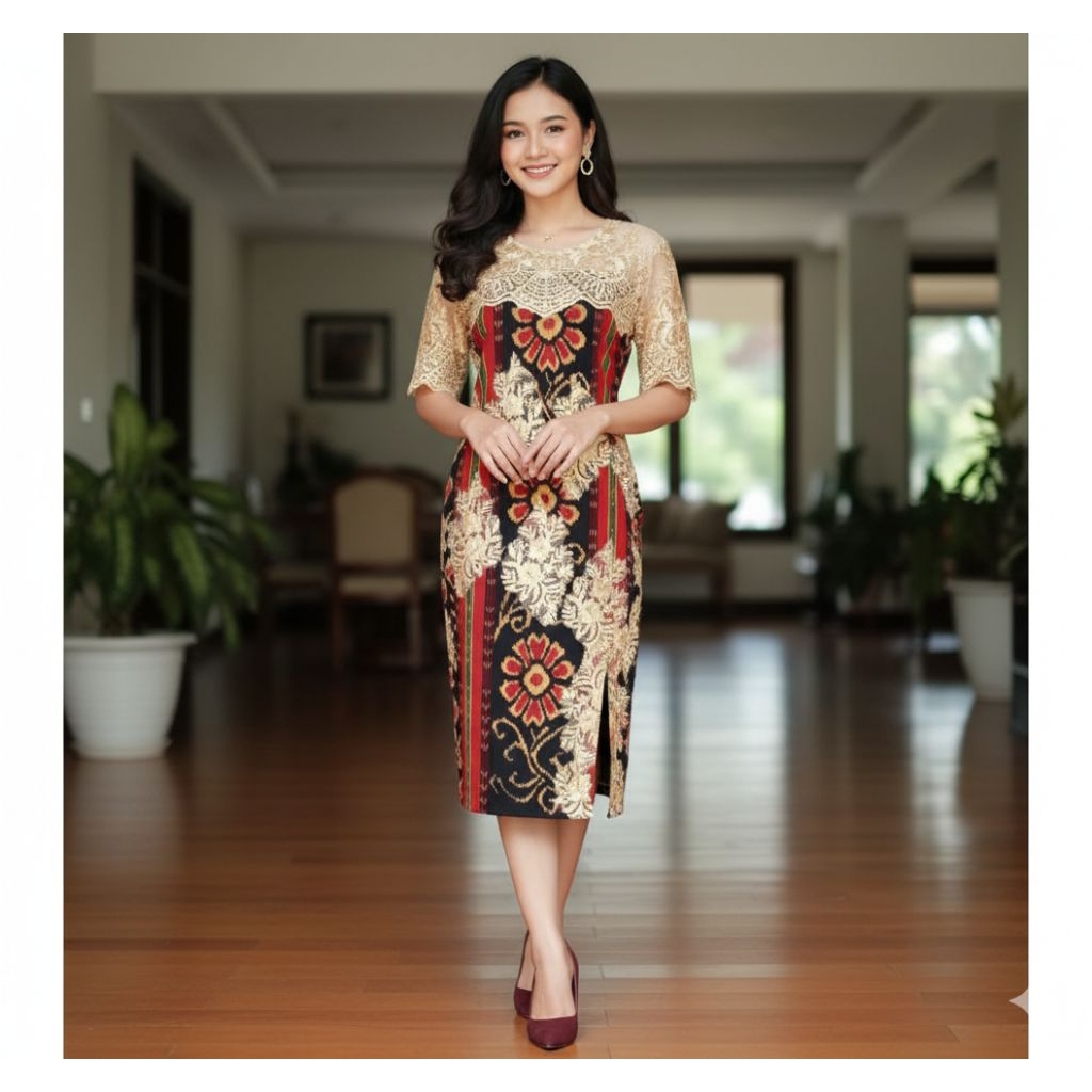 dress tenun Jepara kombinasi brokat kuning keemasan premium