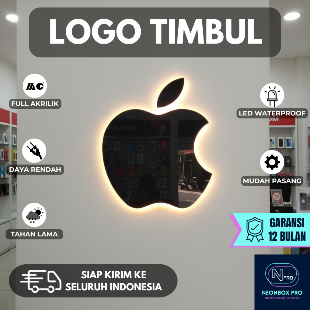 3D Logo Apple [HANYA LOGO]│Logo Apple Timbul LED Full Akrilik Dekorasi Iphone Store Ruangan Konter H