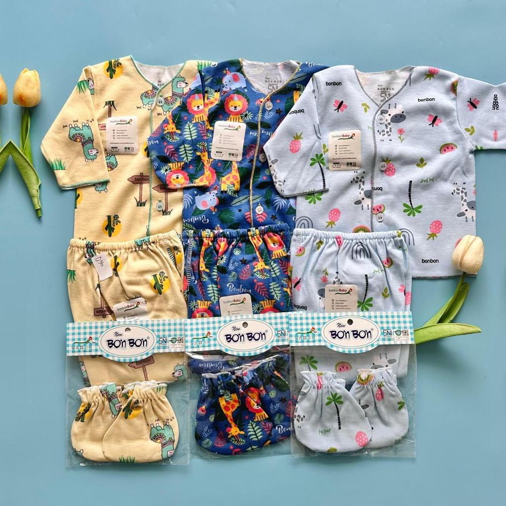 3 setelan bayi baju panjang motif bonbon + STK newborn