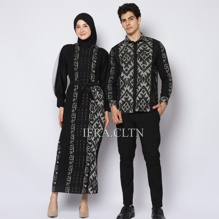 IFRA.CLTN | SET COUPLE BAJU KONDANGAN BATIK TENUN PADMA SERIES - HITAM MOTIF DRESS KEMEJA PANJANG DE
