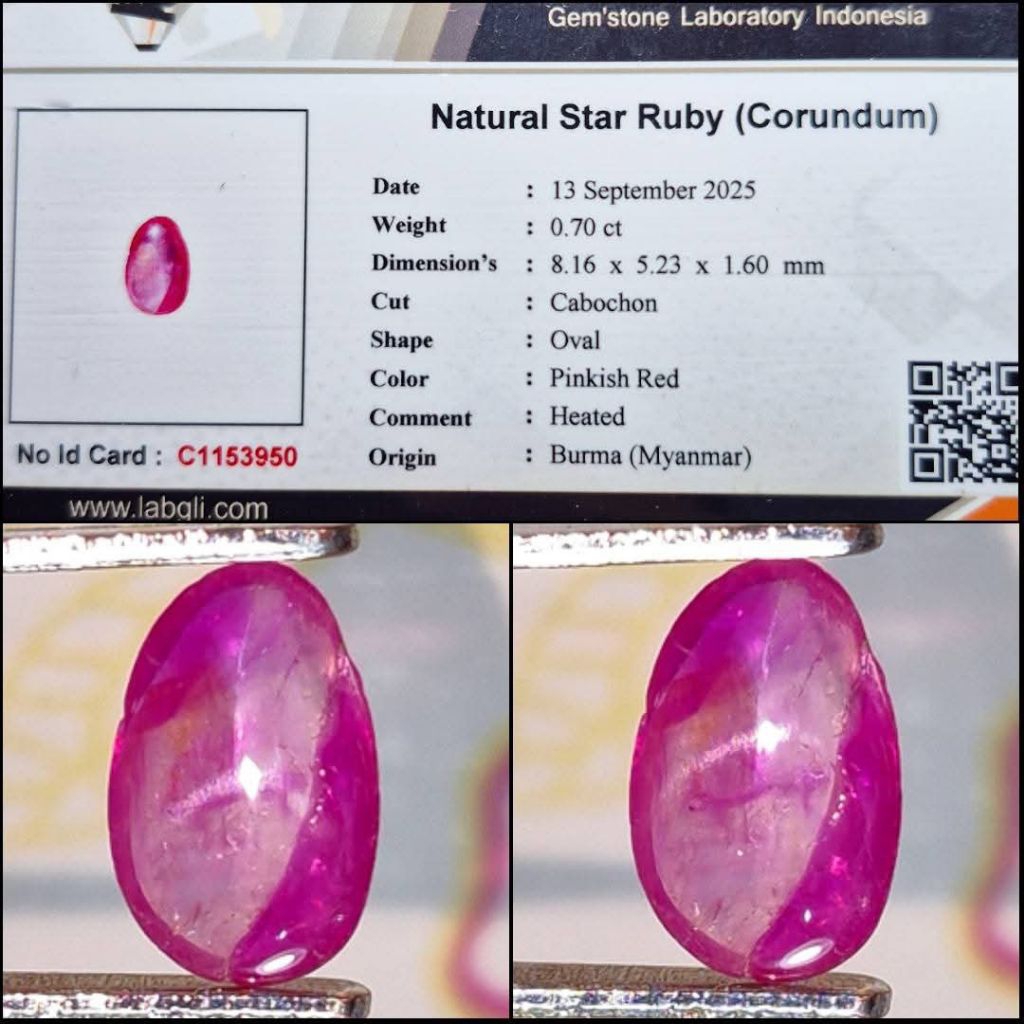 Natural star Ruby (corundum) Burma/Myanmar memo GLI
