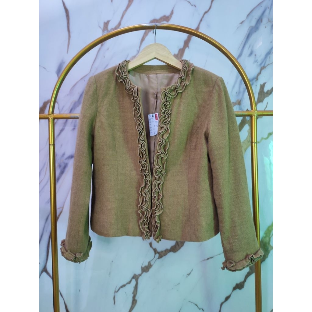 blazer Outer Tweed WoL wool Kuning kunyit mustard Size L LD106-108 O neck kerah bulat