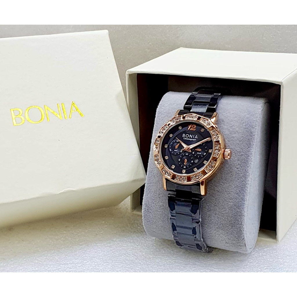 PREMIUM Jam Tangan Wanita Bonia Chrono Variasi Tangal Aktif Rantai Steinless Steel