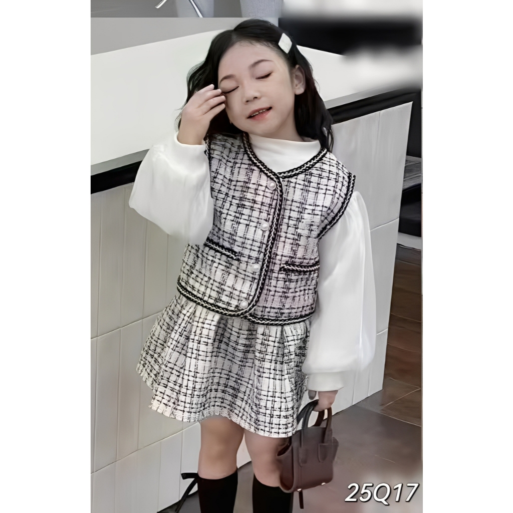 Dress Tweed Anak Perempuan Usia 1-4 Tahun | Baju Katun Lengan Panjang Balon Tile Satin Kombinasi Out