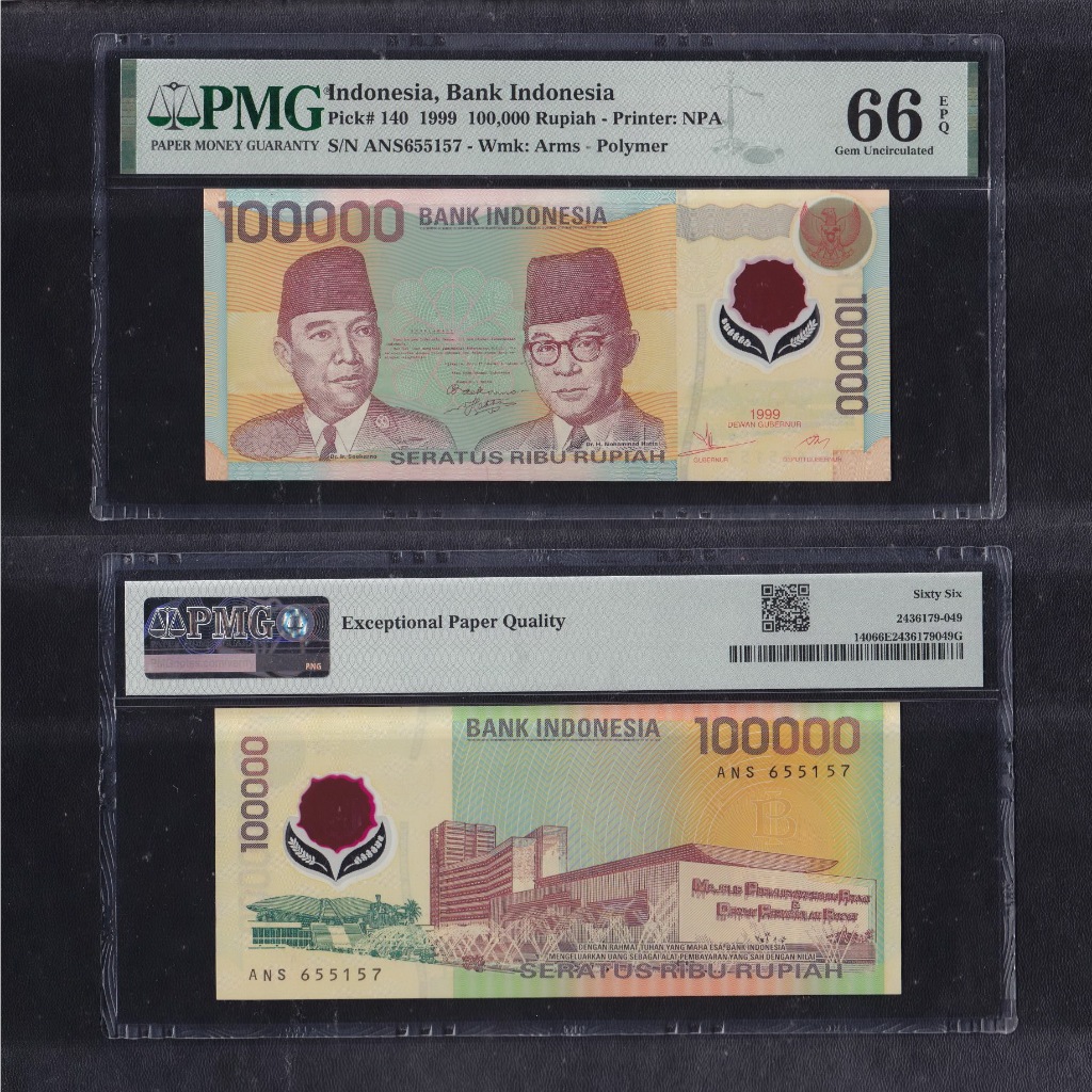 Uang kuno polymer PMG 66 EPQ - 100000 Rupiah tahun 1999