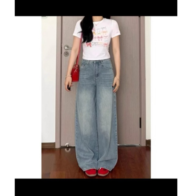 Preloved  LULU Jeans Celana Jeans terbaru kulot Korea Biru muda pinggang tinggi--Baggy Jeans -baggy 