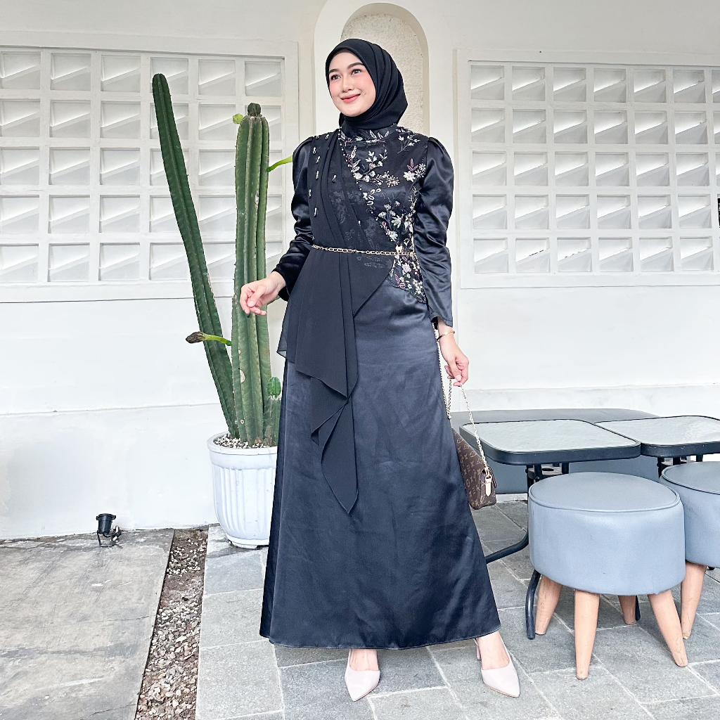 Hasan Busana GAUN PESTA MODERN Pink Elegan Satin Velvet Premium Brokat Tile Import Payet Mewah Belt 