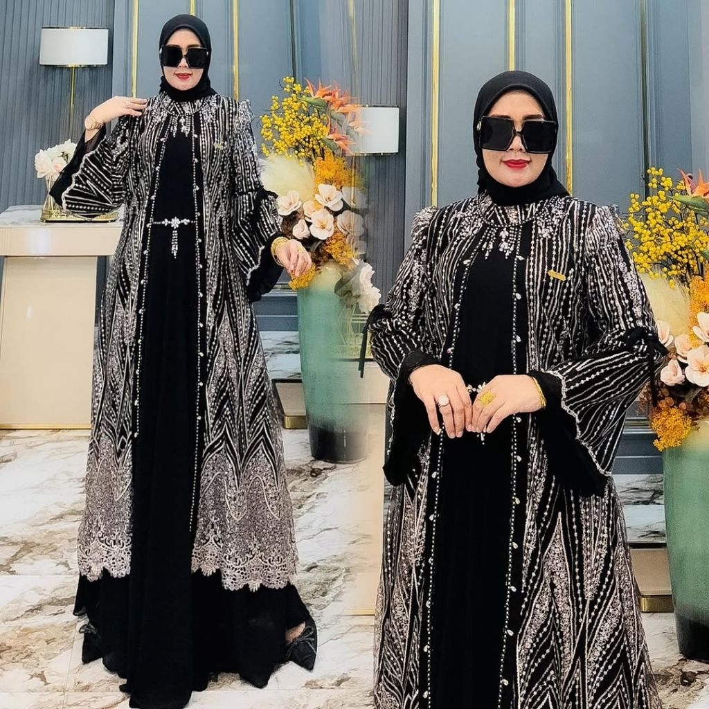 Valentina Dress Gamis Wanita Lebaran Mix Spangle Aplikasi Payet Dress Wanita Kondangan Ukuran Jumbo 