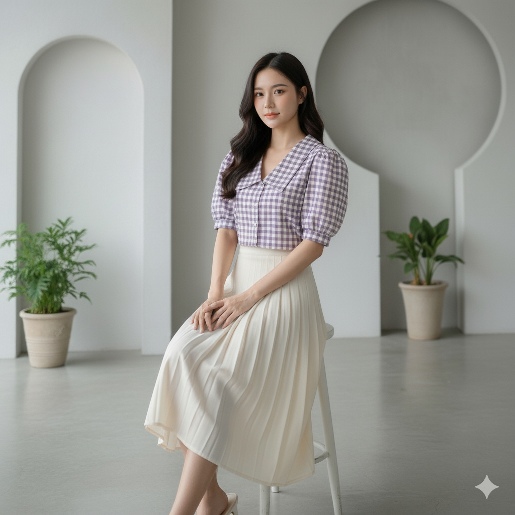 LOLLY TOP - FUJI Crop Top Baju Wanita Katun Tangan Balon Puffy Puff Kerah Lebar Kancing Karet Belaka