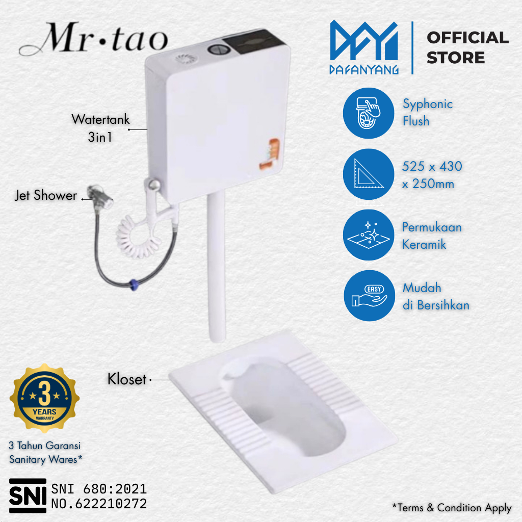 DAFANYANG - Kloset Jongkok Flush Mr.Tao Tanpa Penutup SNI 1Set 506 + 805 Energy Saving Water Tank | 
