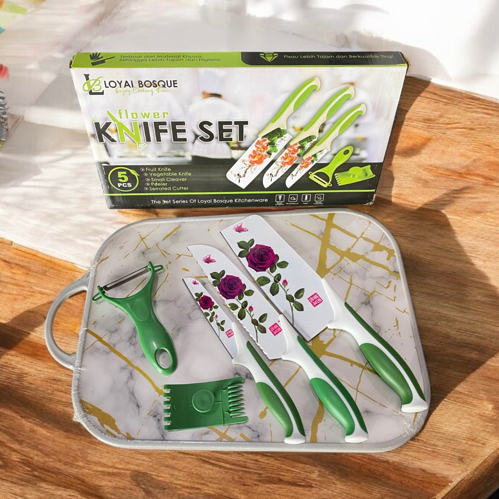 PISAU DAPUR KNIFE SET-Pisau Dapur 1 Set isi 5 pcs Pisau Dapur + Peeler Hitam dan Motif BUnga