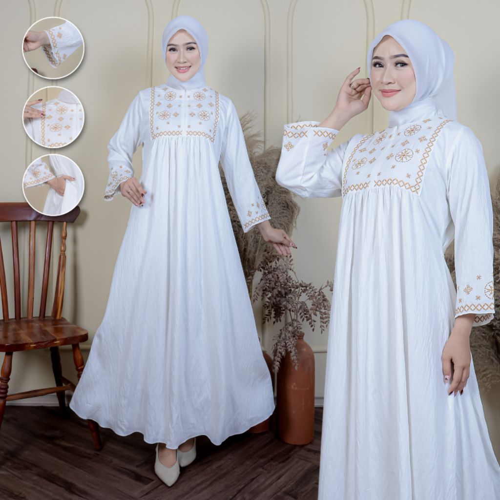 Kamava Gamis Semi Katun Polos Kombinsi Bordir