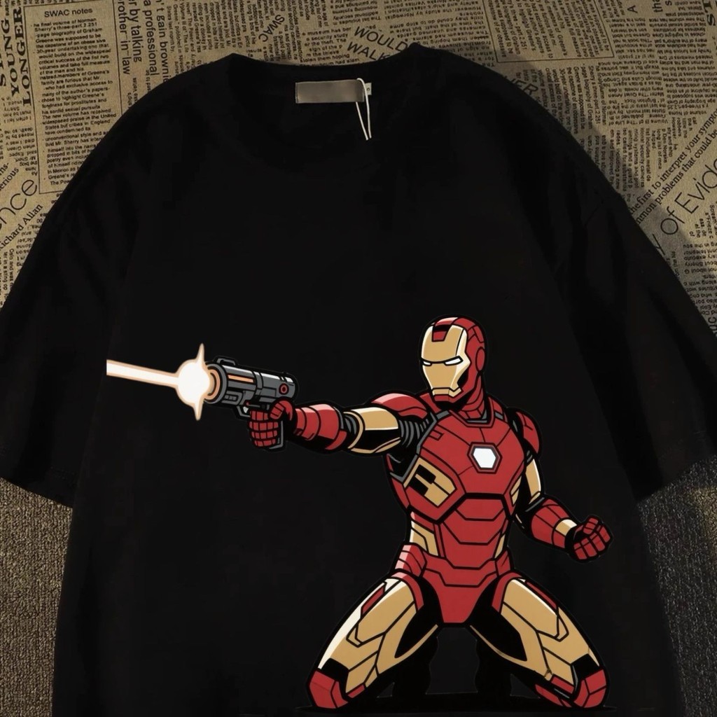 [COD] 100% katun Iron man Fastfash Kaos Pria Wanita Oversize Vintage Lengan Pendek, Baju Polos Putih