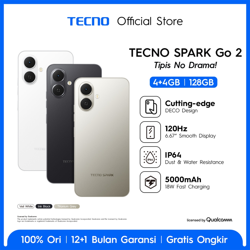 TECNO SPARK Go 2 4GB+4GB*/128GB, IP64, 6.67" HD+, 120Hz Smooth Display, 5000mAh, 18W Charging, Freel