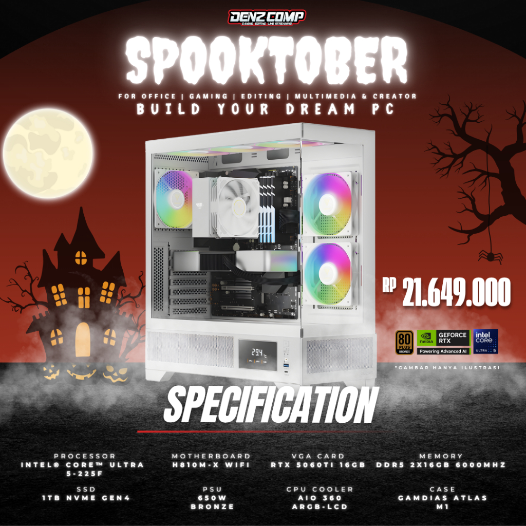 SPOOKTOBER PC GAMING - INTEL CORE ULTRA 5 225F | RTX 5060 Ti 16GB | NVMe 1TB | DDR5 32GB | AIO 360 L