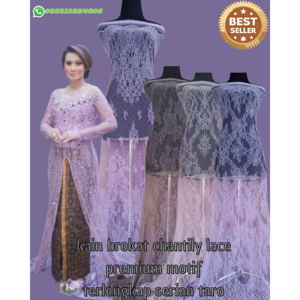 kain brokat lace chantily premium serian taro,lilac isi 2,5 meter x 1,5 meter,kebaya bali,brukat lac