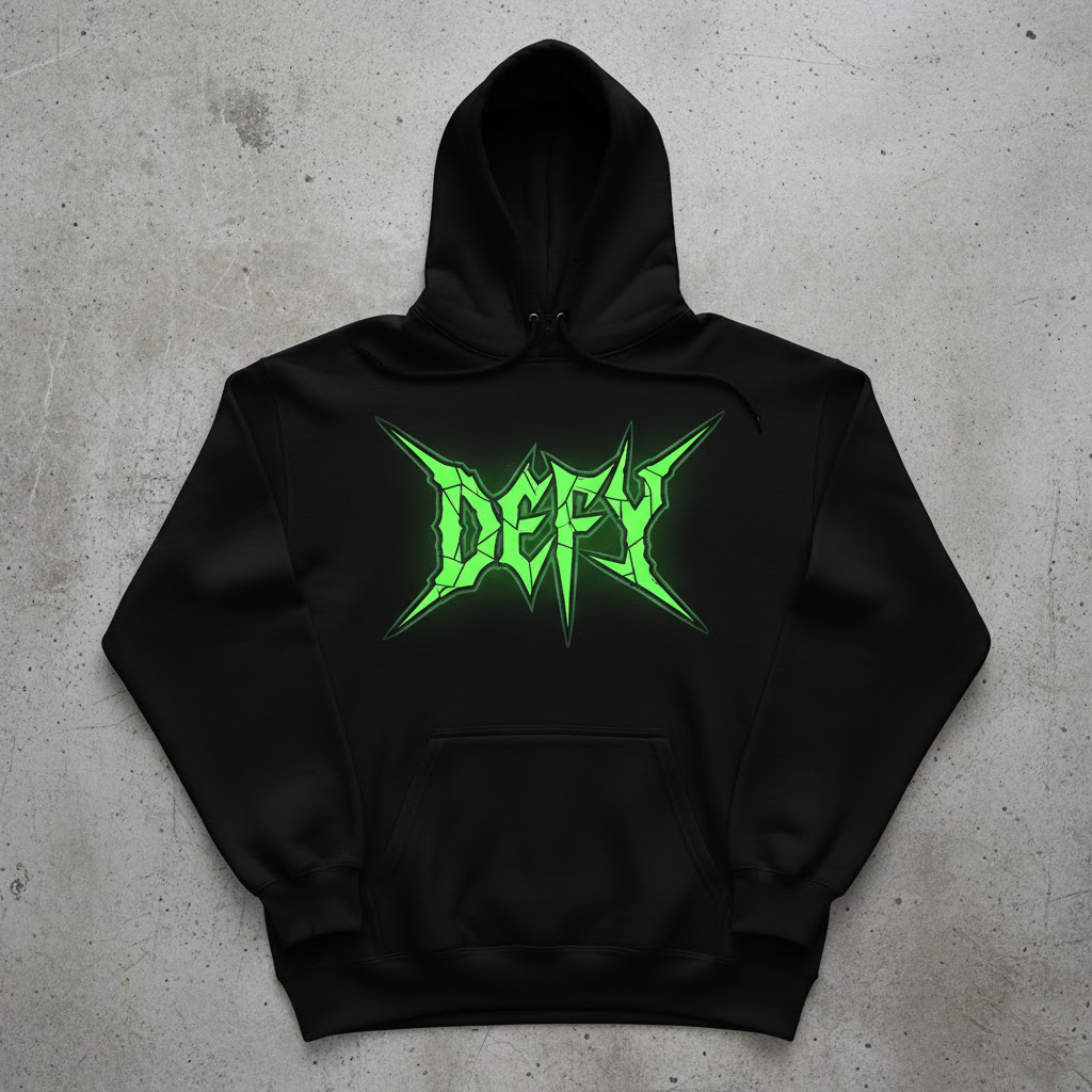 Hoodie DEFY Logo Metal Glow Neon Green/Hitam [PREMIUM AURA] | Jaket Sweater Oversize Distro Aestheti