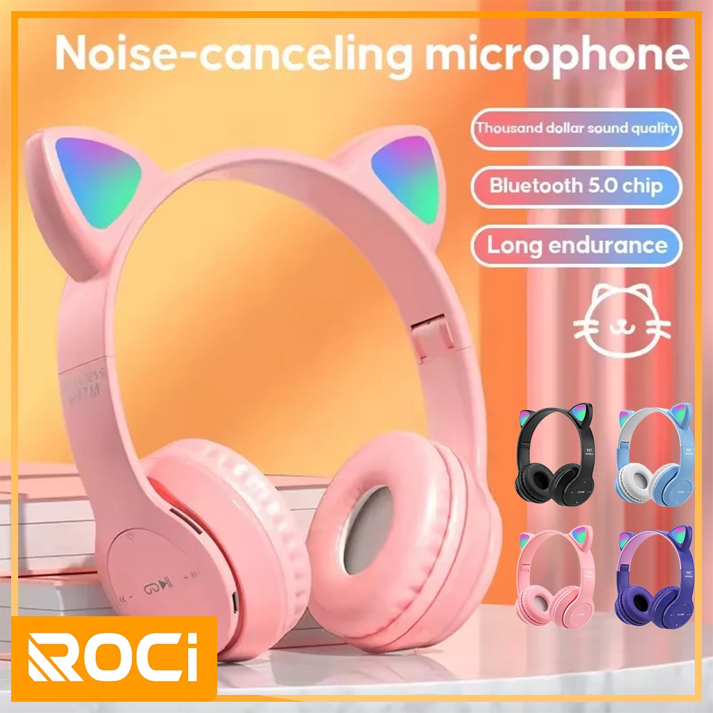 Headphone Kucing Bluetooth Gaming Headset P47m RGB Super Bass / Headphone Telinga Kucing Lucu / Head