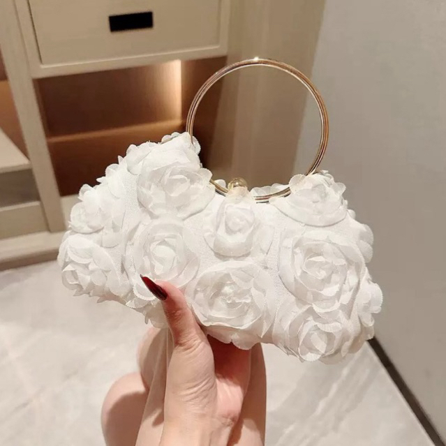 LAJOREE Primrose Clutch Tas Pesta Wanita Elegan Rose 3D Putih | Clutch Bunga Mawar Wedding Party Bag