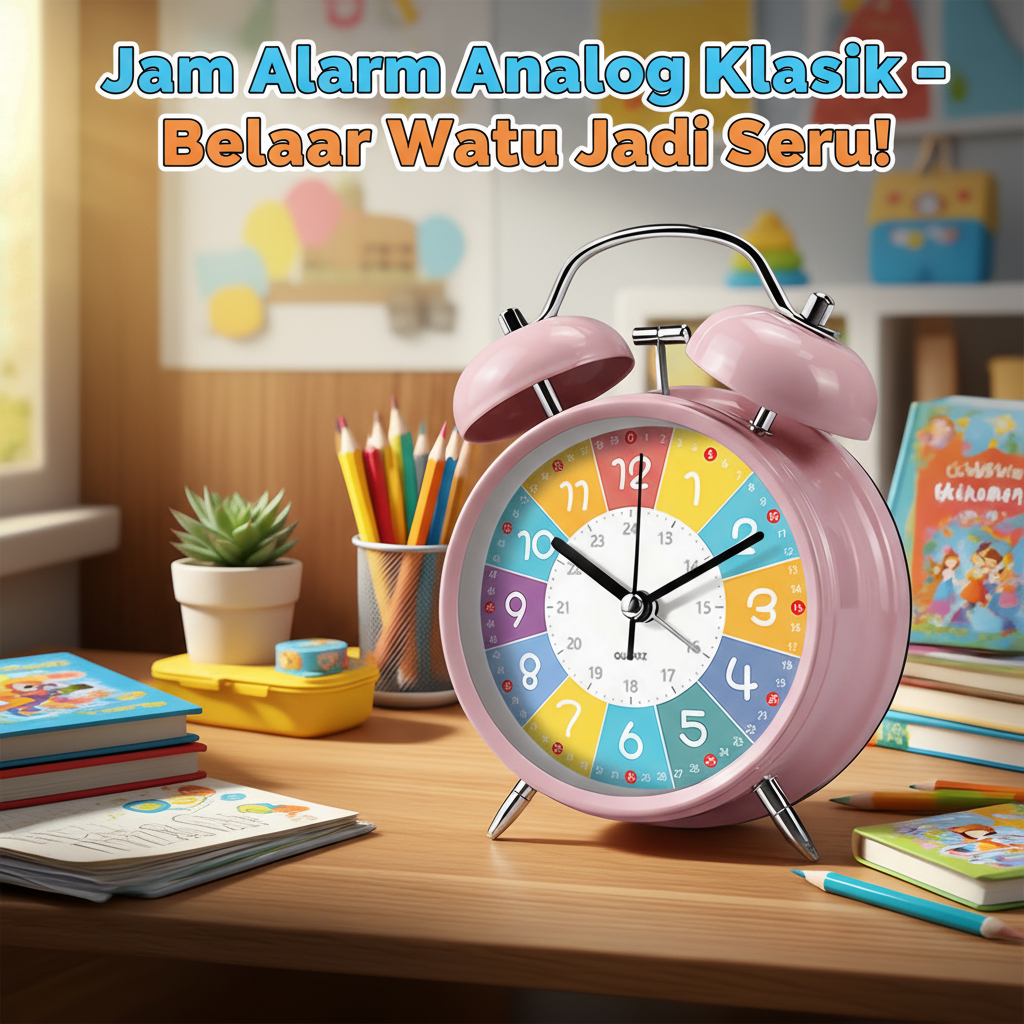 Jam Alarm Analog Klasik Anak Belajar Waktu, Twin Bell 4.5", Suara Keras, Tenang Tanpa Tik-Tik, Lampu