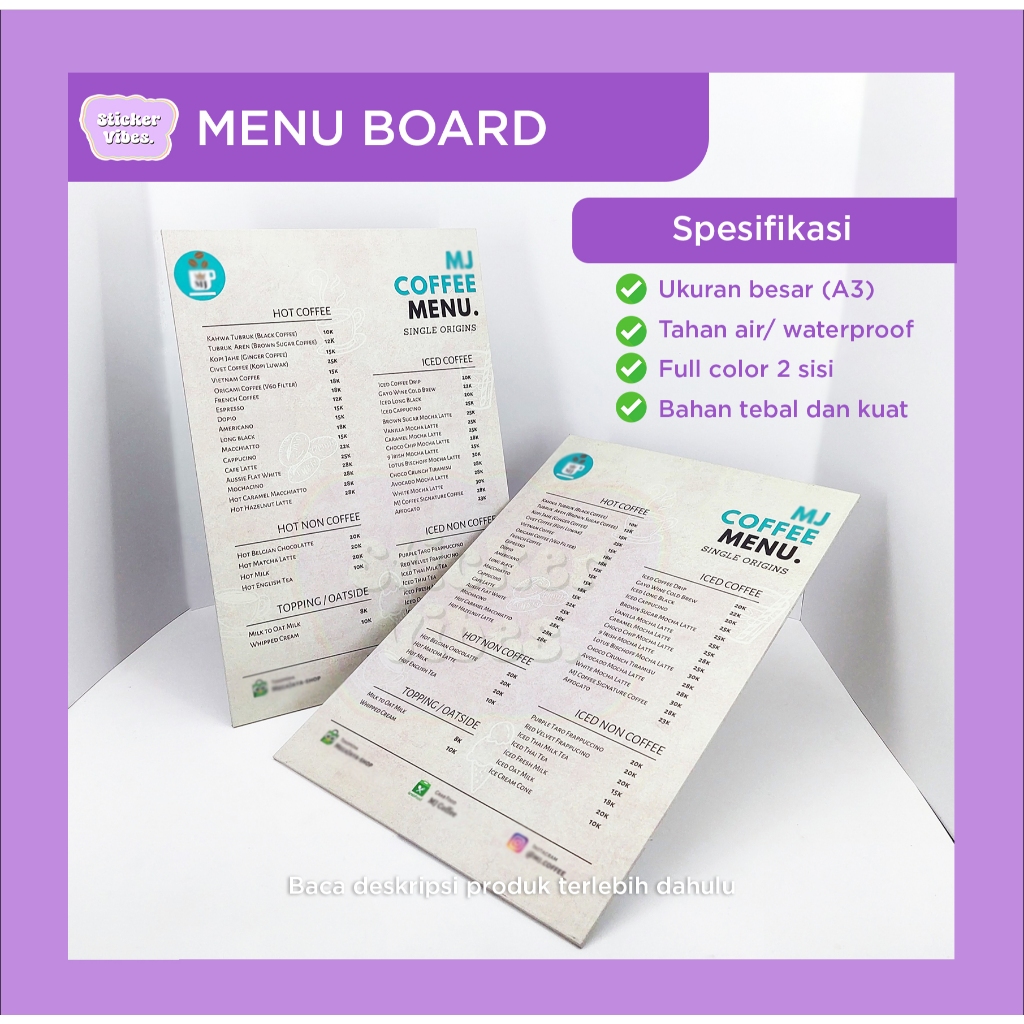 Cetak Daftar Menu Board | Papan Menu | Menu Resto A3 + A4