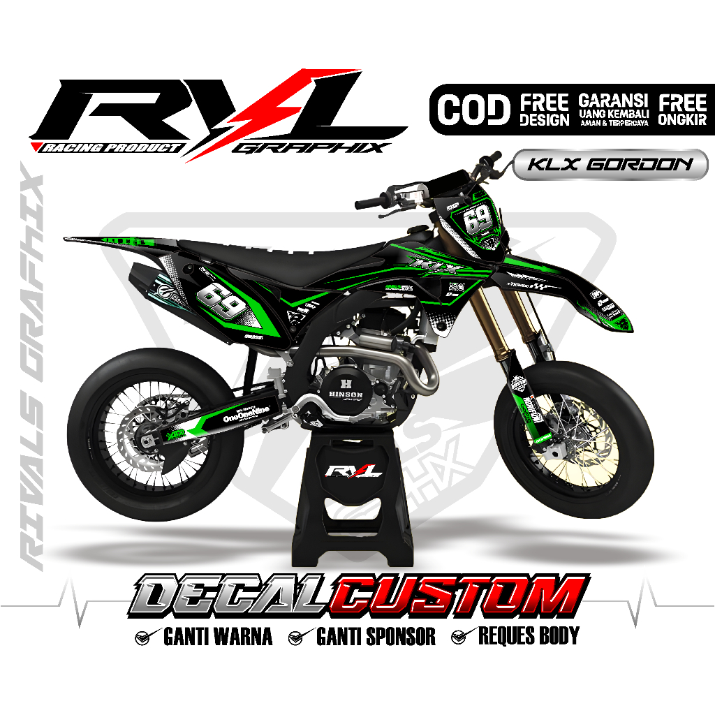 Decal sticker klx gordon full body custom gambar hologram - chrome - tebal  hitam hijau
