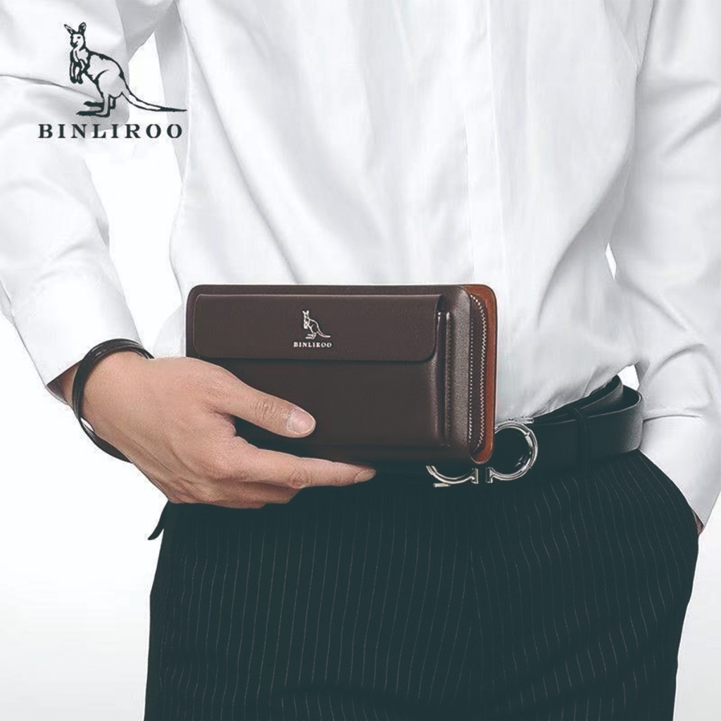 Premium Tas Tangan Pria Kulit Asli - Dompet Panjang 25x12x5cm Hitam Dua Ritsleting, Kapasitas Besar 