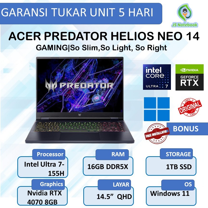 ACER PREDATOR HELIOS NEO 14 ULTRA 7 155H RTX4070 8GB/ 16GB 1TB W11 14.5QHD