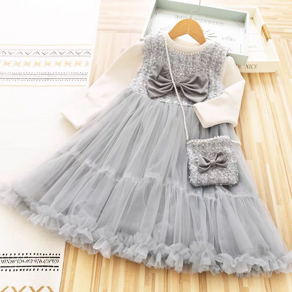 Dress Tutu Tile  Import Premium Anak Perempuan Usia 1-4 Tahun | Baju Lengan Panjang Balon Kombinasi 