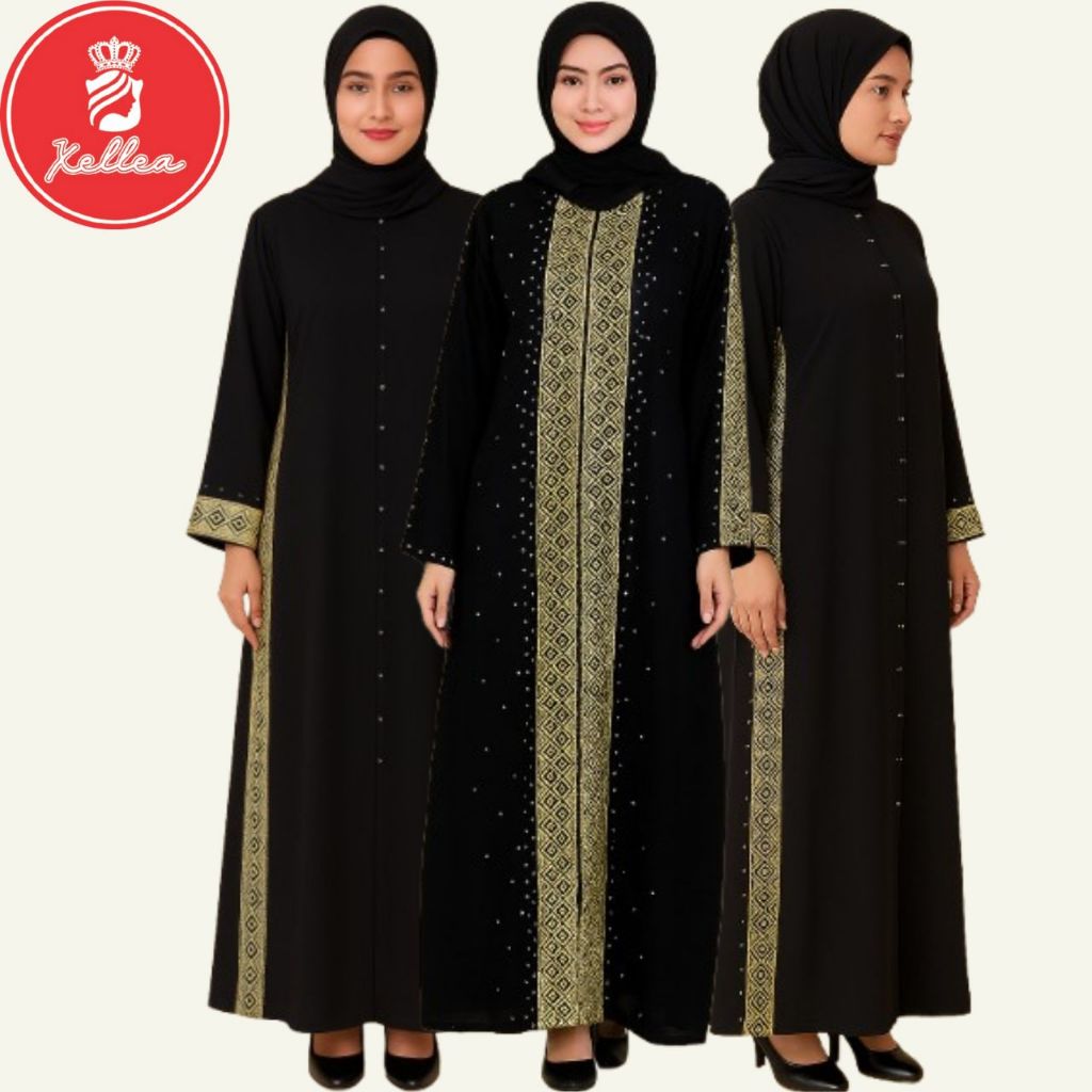 Abaya Hitam Bordir Kombinasi Gamis Dubai Arab Turki Jetblack Abaya Zipper Pipik Uje Terbaru - XELLEA