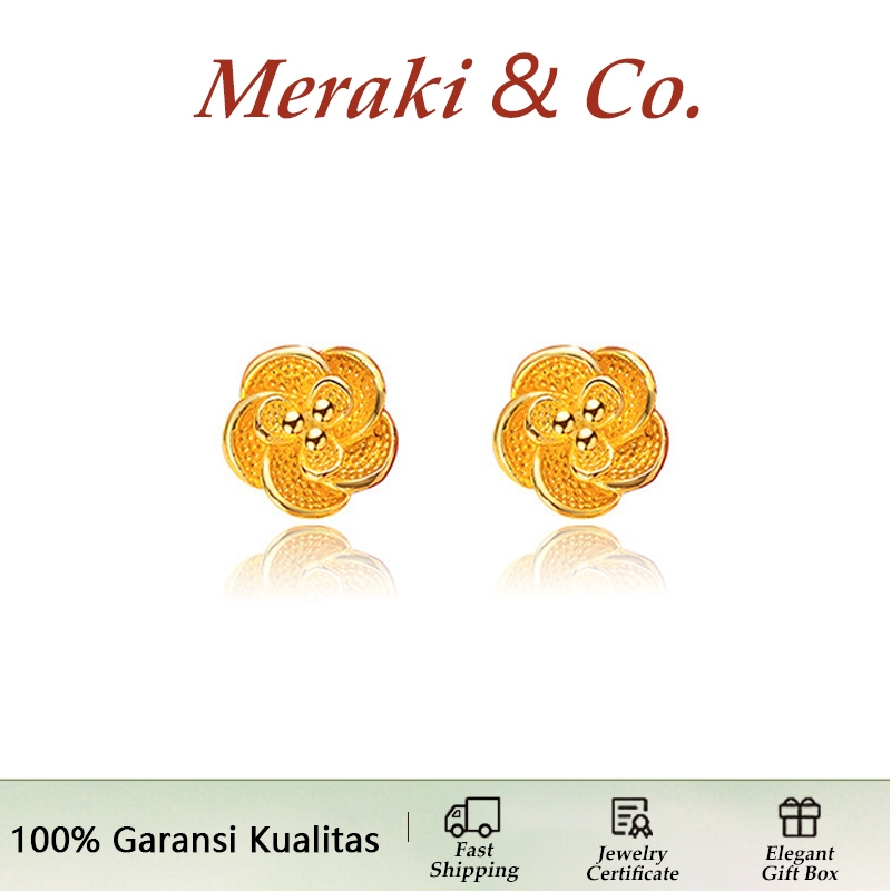 Meraki& Co.| Anting Emas asli anting wanita-anting Mawar Emas 17k earrings Model Bunga Mawar Hadiah 