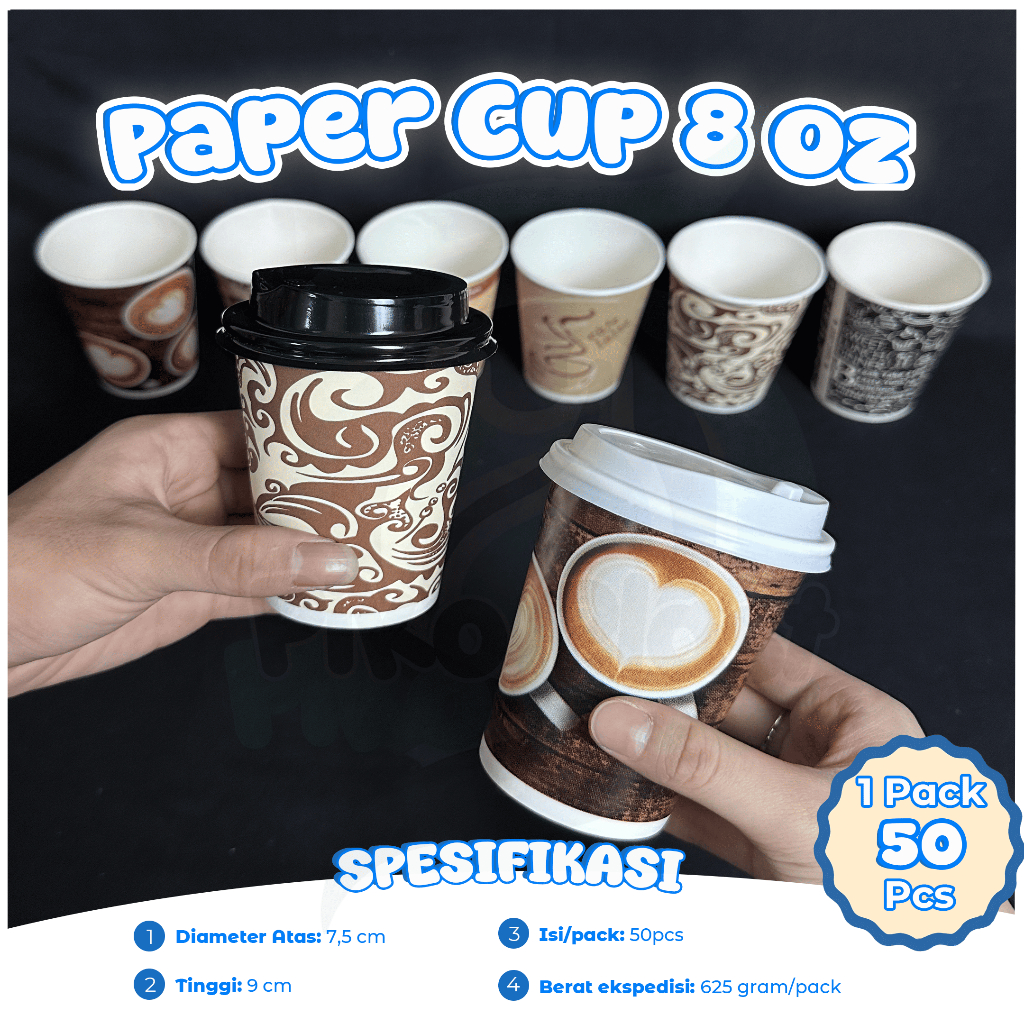 Paper Cup WMP Motif 8 Oz Isi 50 Pcs Tersedia 6 Motif / Gelas Kertas / Gelas Kopi Tahan Panas