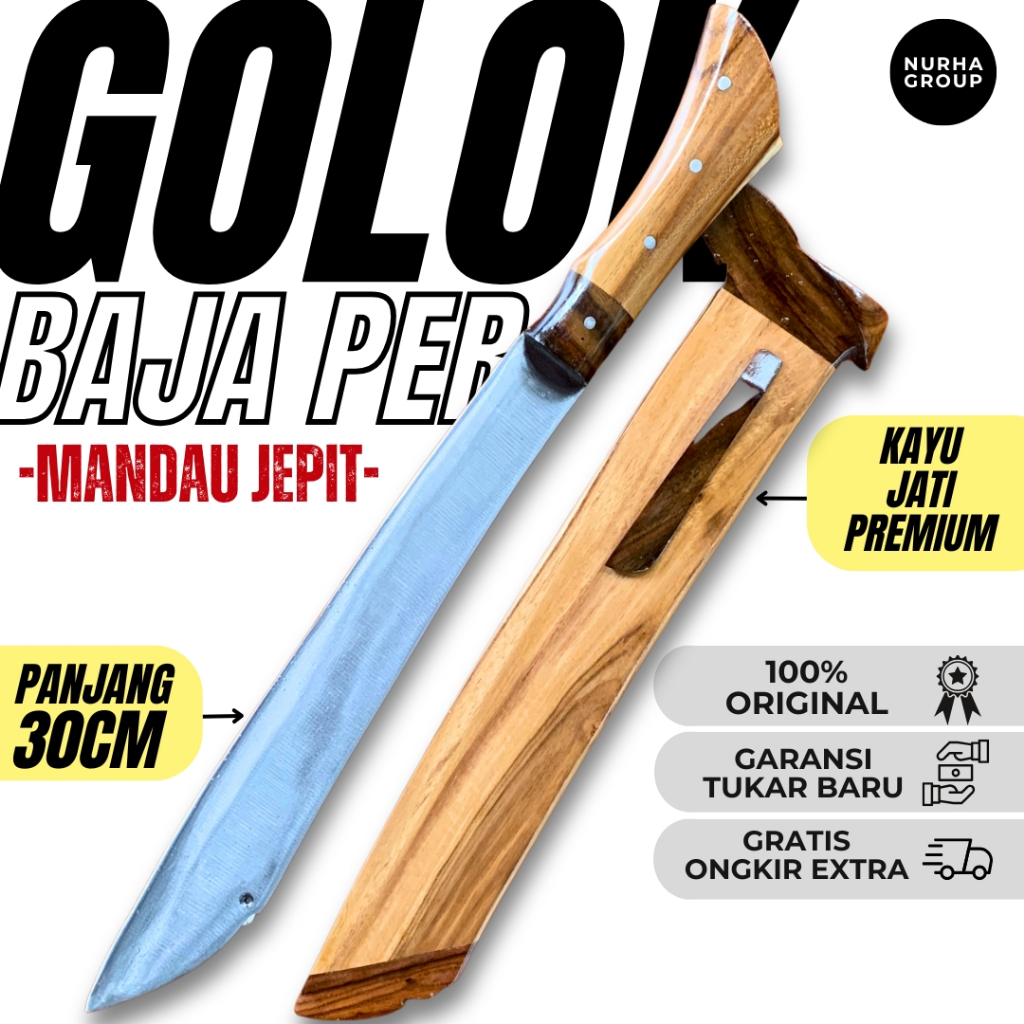Nurha Group | Golok Baja Per Mandau Jepit  – Full Tang Tajam Siap Pakai Sarung Kayu Premium
