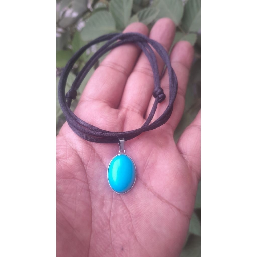 kalung tali hitam batu akik liontin pirus biru polos