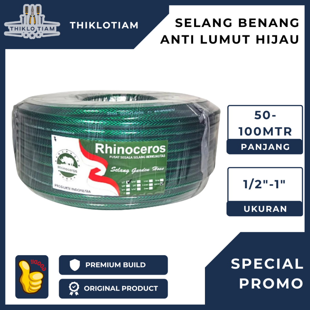 [TLH]RHINOCEROS SELANG ANTI LUMUT BENANG HIJAU 1/2 5/8 3/4 1 inci 50-100meter SELANG AIR BAGUS ANTI 