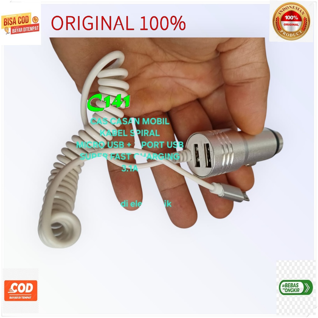 C141 100% ORI ADAPTOR SAVER 3A 3 A CAR CHARGER SPIRAL SPRING TRAVEL ADAPTER CAS CASAN MOBIL 2 USB CH