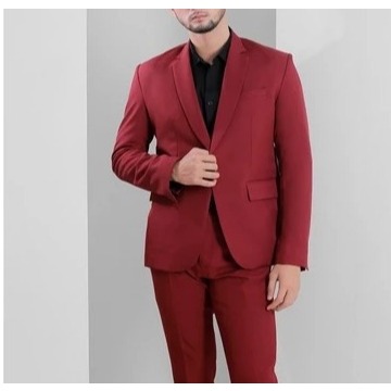 Outfit Setelan Jas Celana & Rompi Merah Maroon / Jas Pengantin Pria Maroon