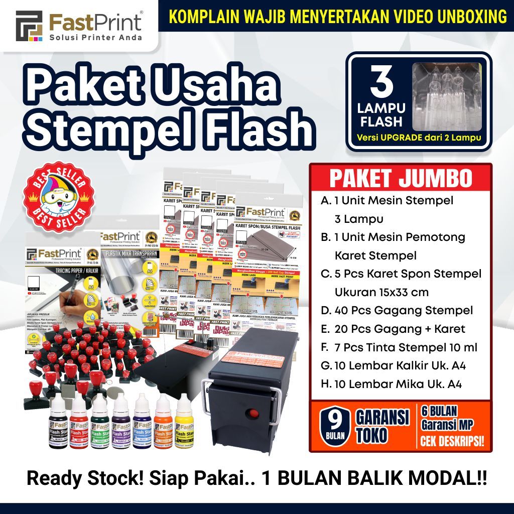 Paket Jumbo Mesin Stempel Flash Premium 3 Lampu Bahan Pembuat Stempel
