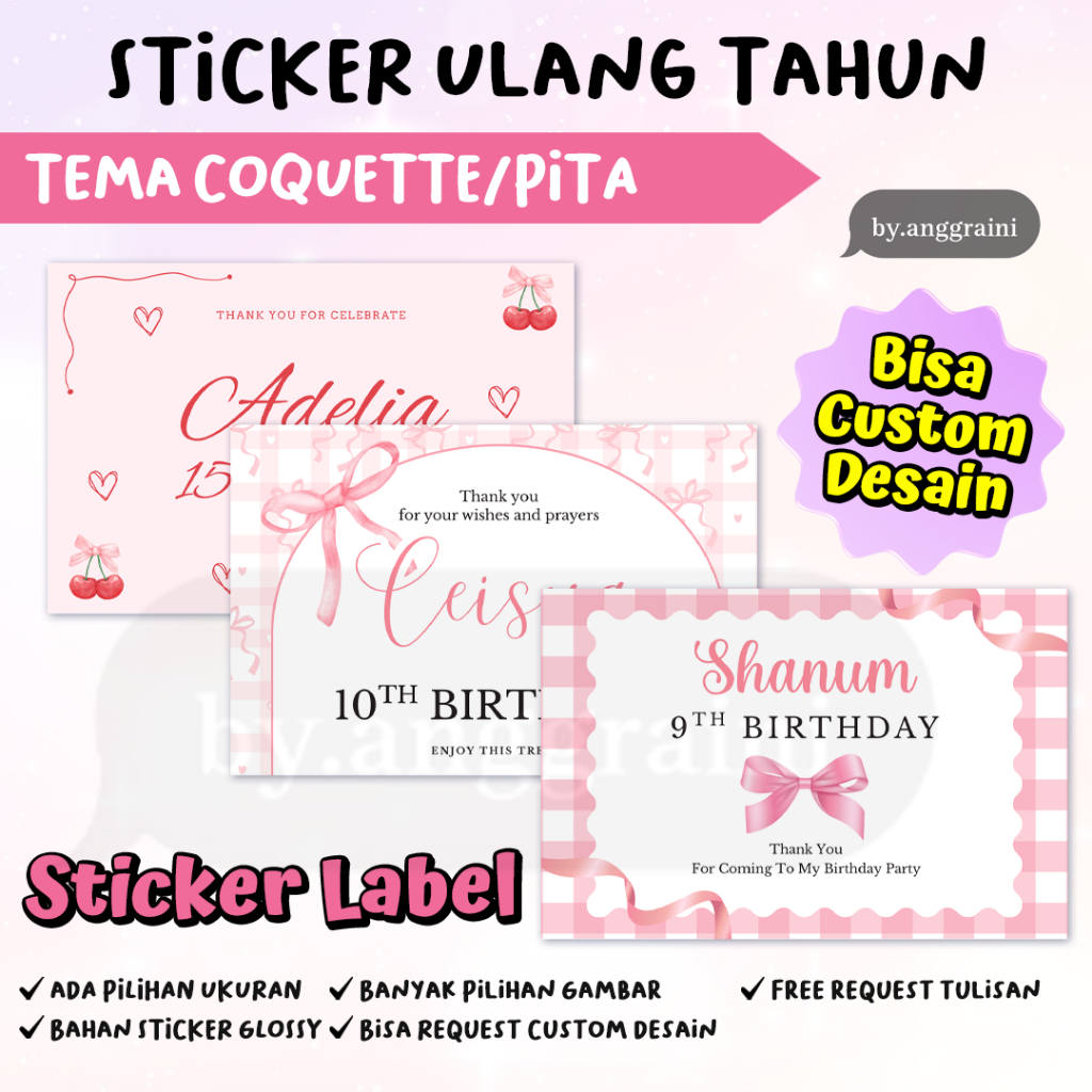 Sticker Ulang Tahun Tema COQUETTE / PITA / RIBBON PINK - Stiker Label Kotak Nasi Bento - Ultah Anak