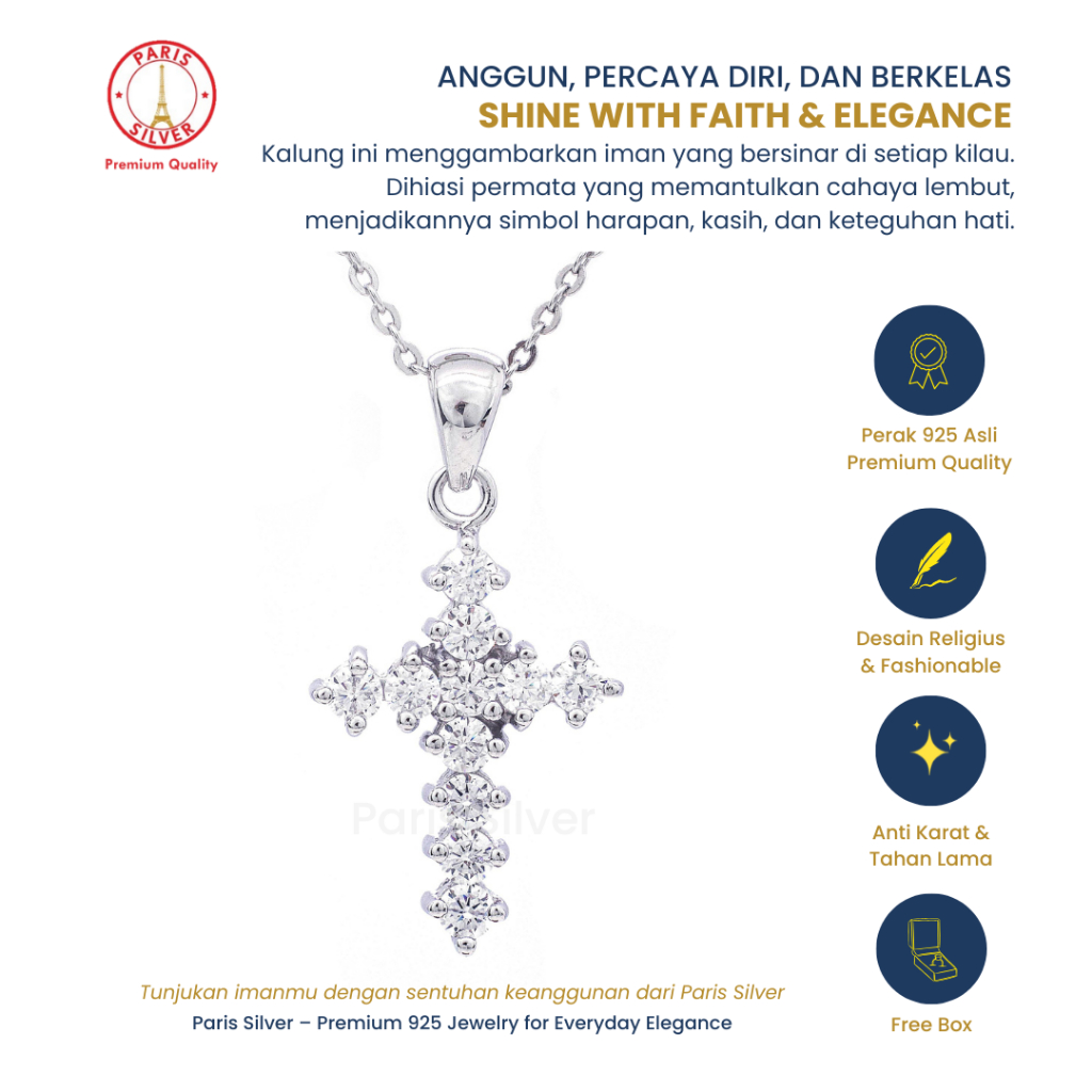 Kalung Perak Asli Silver 925 Lapis Emas Putih Liontin Salib Model Permata Salip Wanita