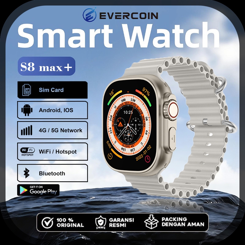 EVERCOIN S8 MAX+ Smartwatch  Wi-Fi/SIM Card 5G Dengan Panggilan Video Kamera Ganda, Pemosisian GPS