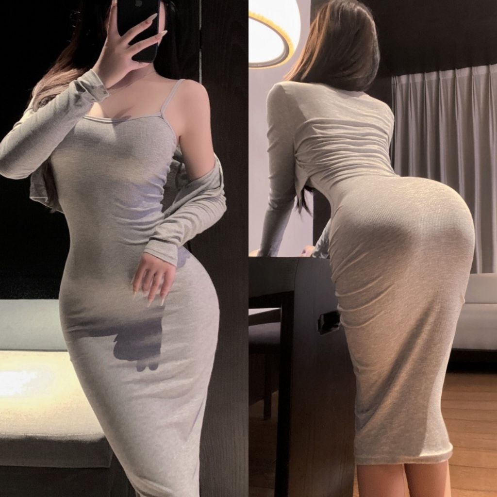 Gaun Wanita Tanpa Lengan + Outer Lengan Panjang Dress Wanita Korean Kekinian G455