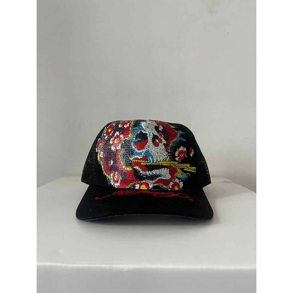 Topi Trucker Ed Hardy Skull Sakura Rhinestone – Topi Jaring Hitam Pria Wanita Streetwear Keren