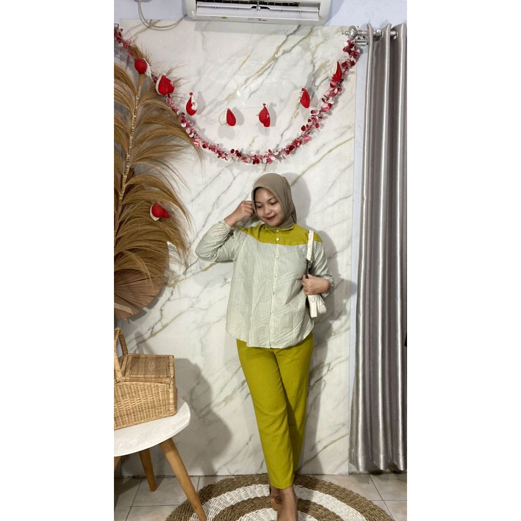 ALESHA SETELAN KEMEJA SALUR // ONE SET WANITA