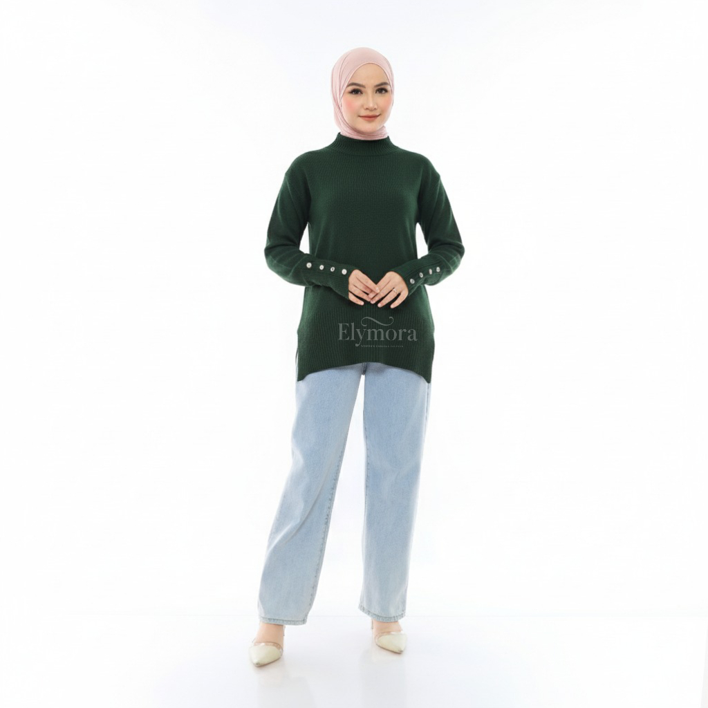 Elymora - Sweater Rajut Turtleneck Kancing Lengan | Sweater Rajut Wanita | Sweater Rajut Korea Wanit