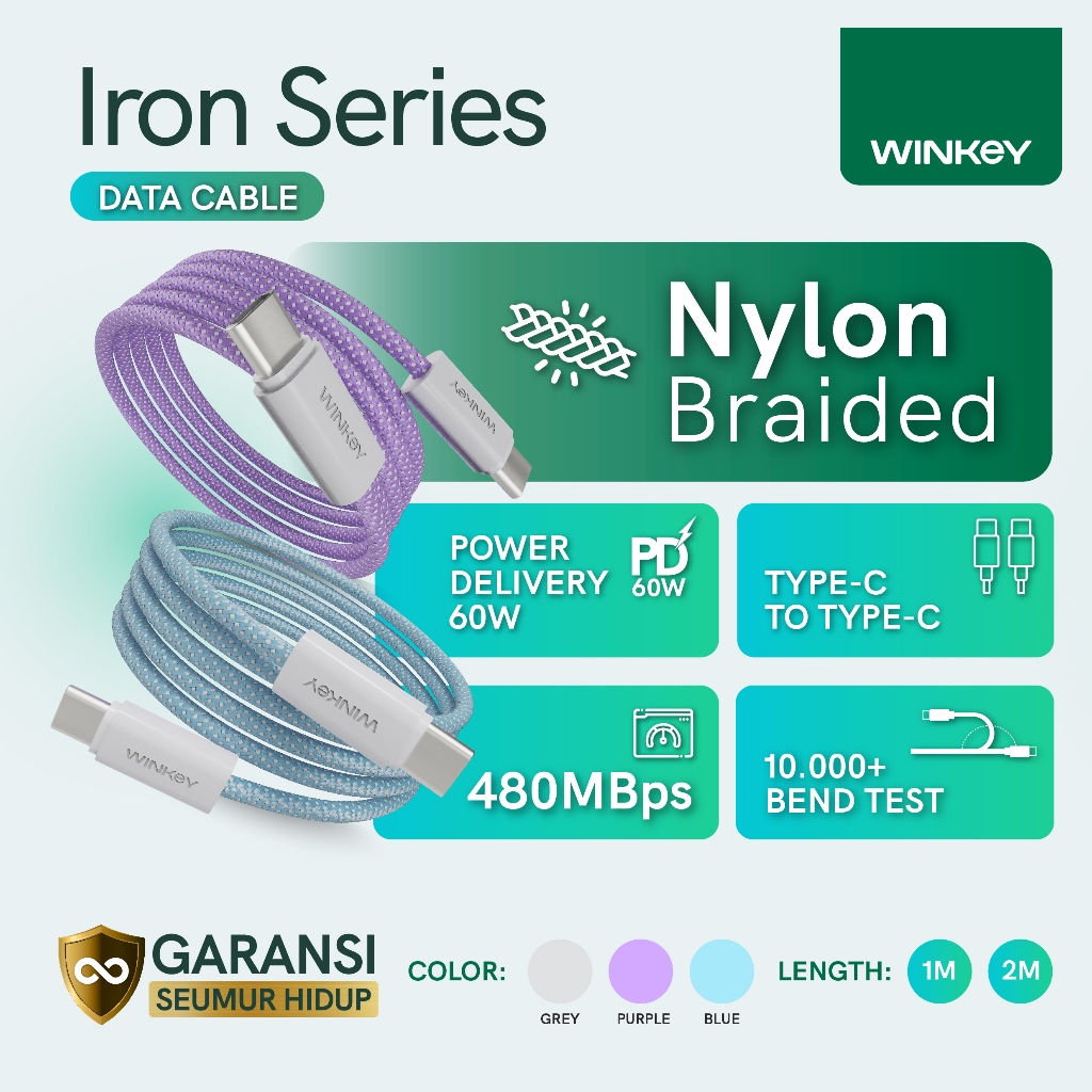 WINKEY Kabel Data Iron Type-C to Type-C PD 60W 480MBps Nylon Braided 10.000 Bend Test