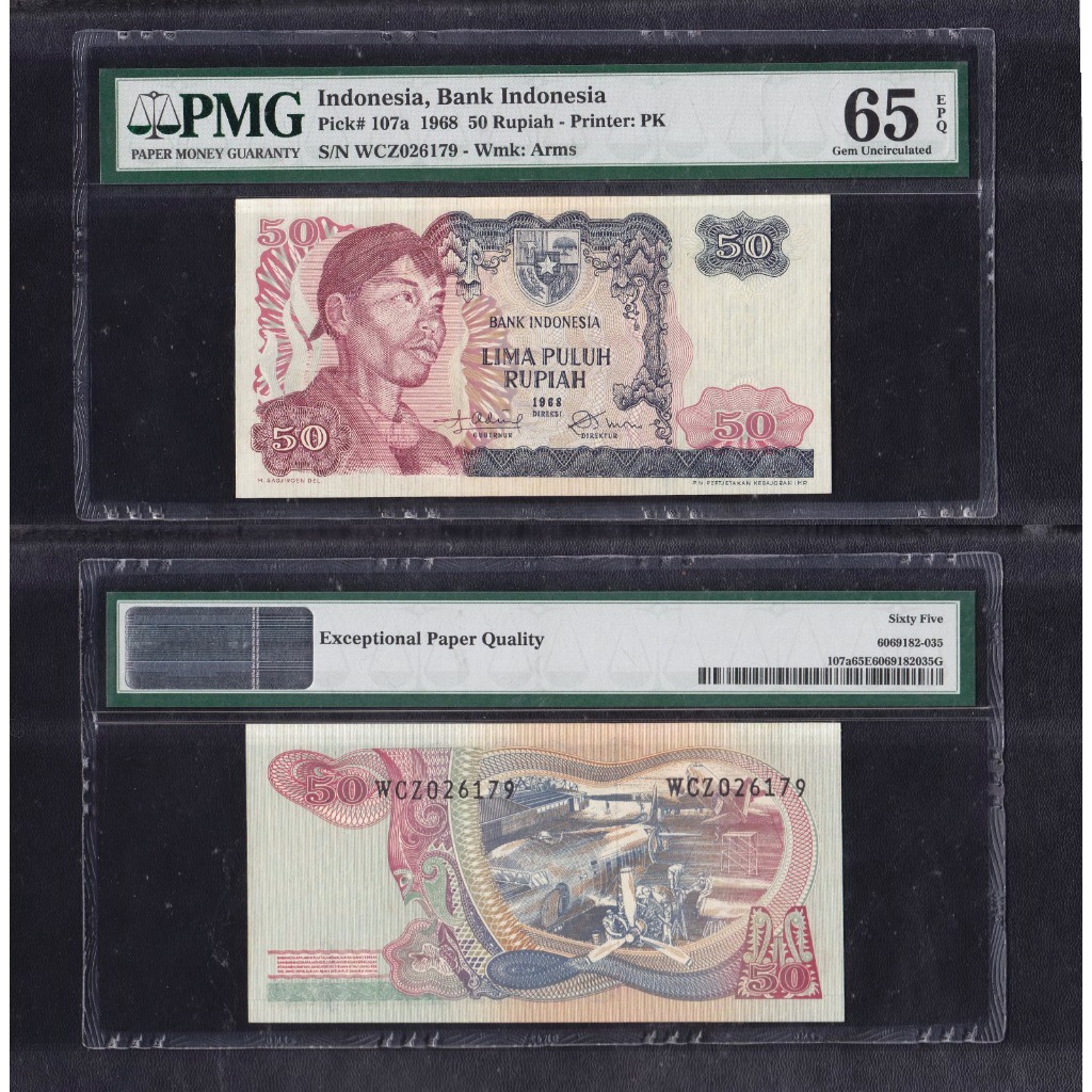 Uang kuno PMG 65 EPQ - 50 Rupiah tahun 1968 Jendral Sudirman S/N WCZ026179