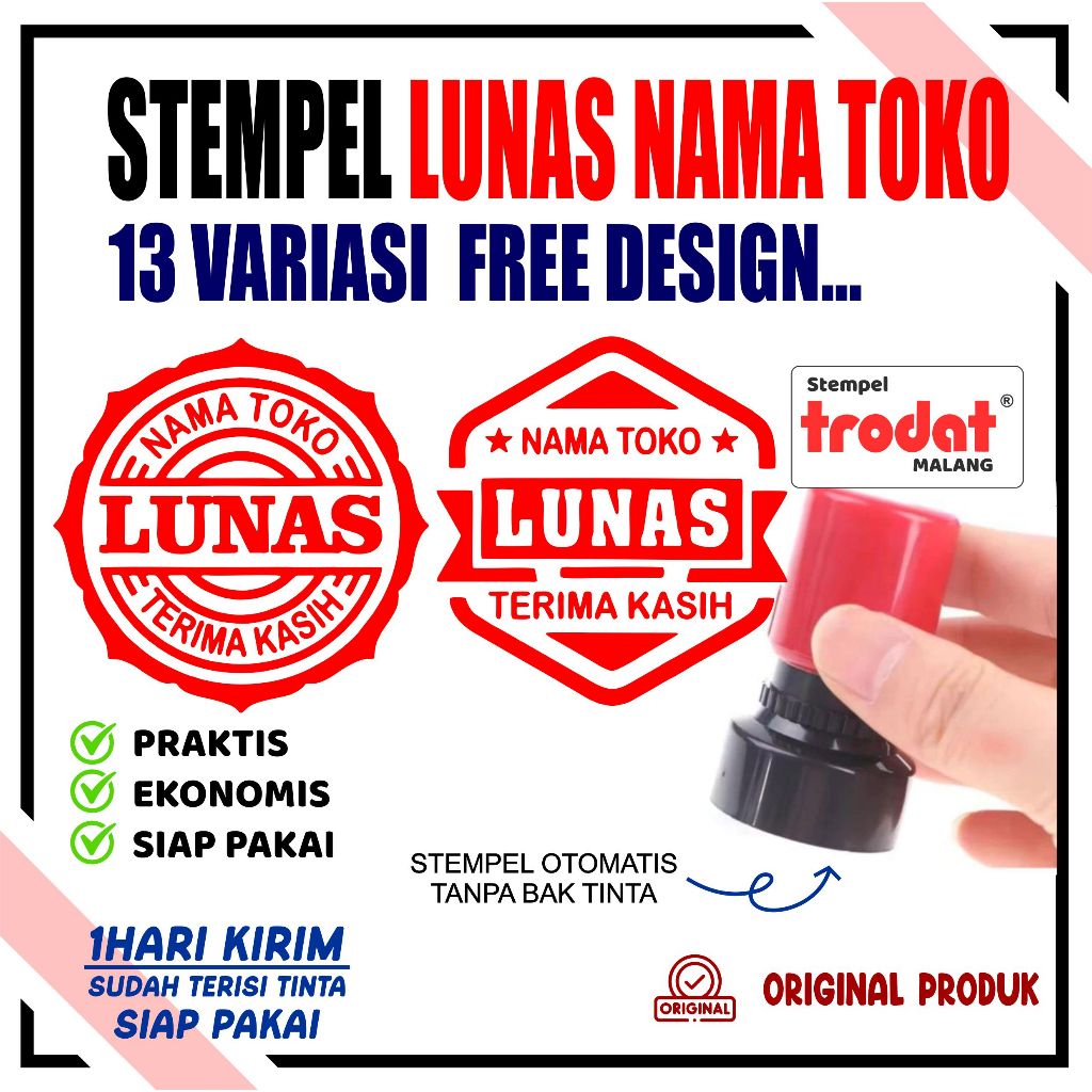 (COD) Stempel LUNAS + NAMA TOKO free design / stempel flash lunas otomatis  / STEMPEL TOKO LUNAS