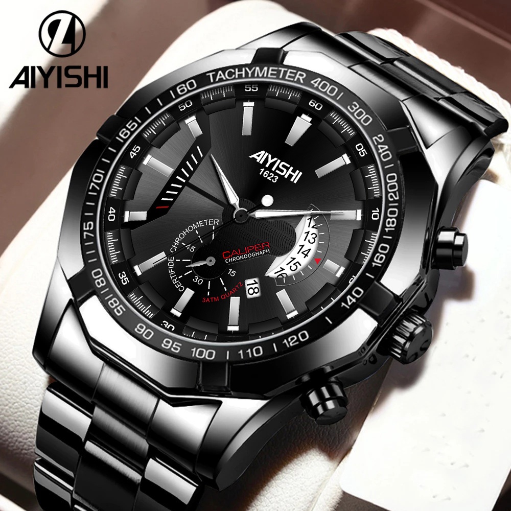AIYISHI Jam Tangan Pria 1623 Original Kuarsa Kalender Tali Stainless Steel Jam Tangan Cowok(Kotak + 