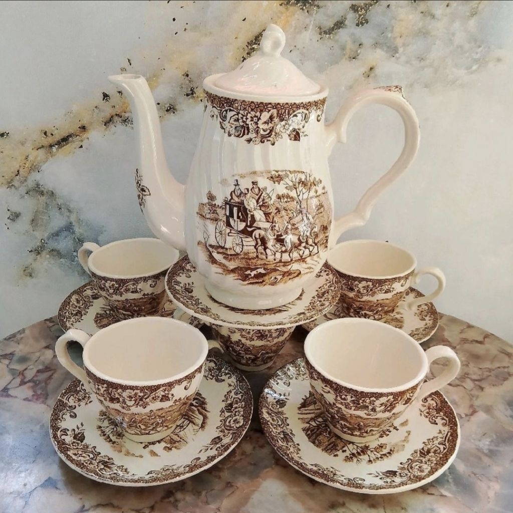 Tea set keramik Eropa motif Coaching Scenes Homested